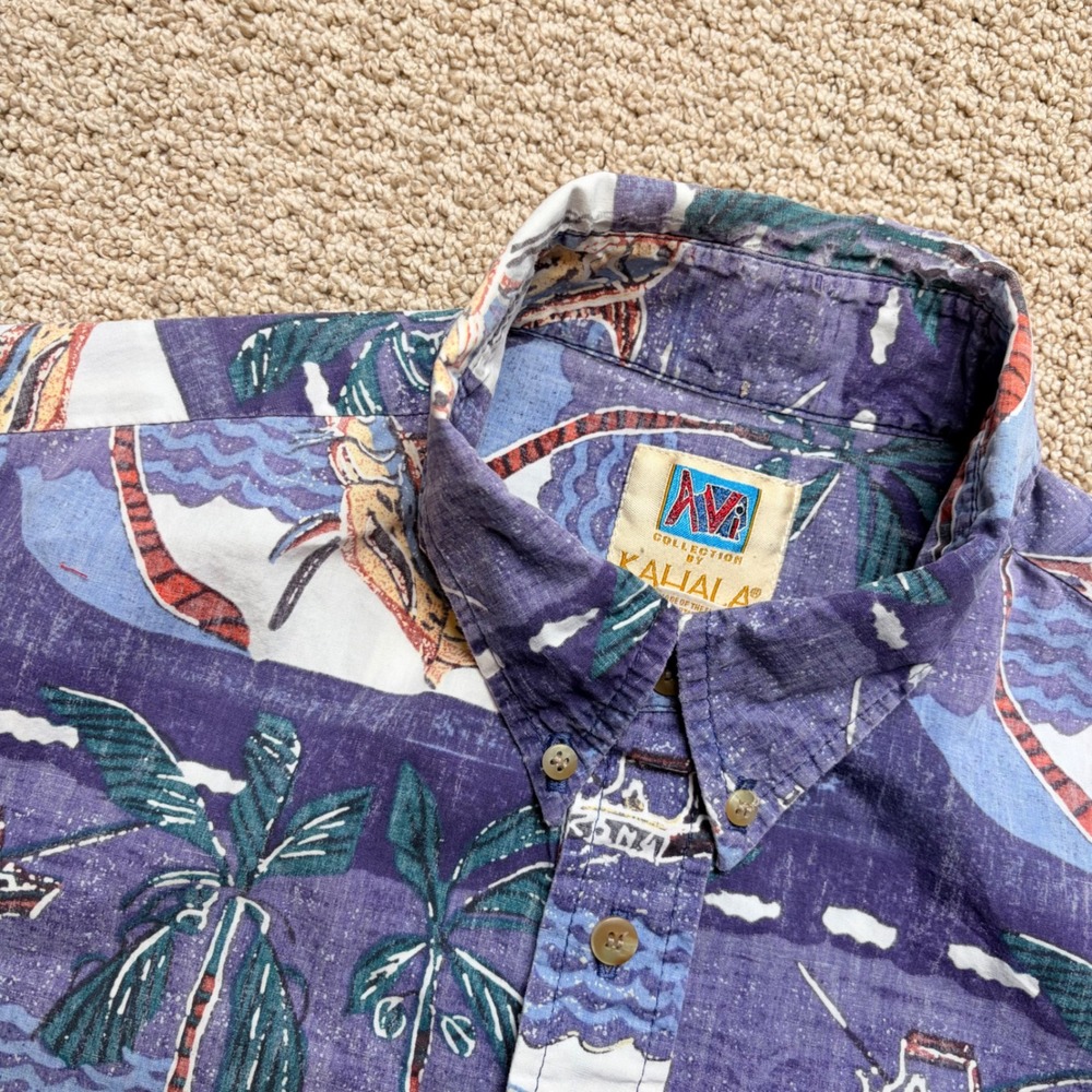 Vintage Kahala Avi Collection‎ L Purple Marlin Fishing Hawaiian Pullover Shirt